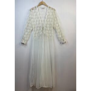 Vintage Victorias Secret Gold Label Cream Sheer Beaded Lace Nylon Long Robe M